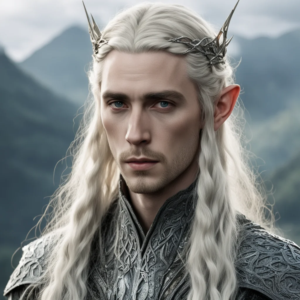 aitolkien king thranduil with blond hair and braids wearing small silver serpentine elvish circlet with large center diamond confident engaging wow artstation art 3