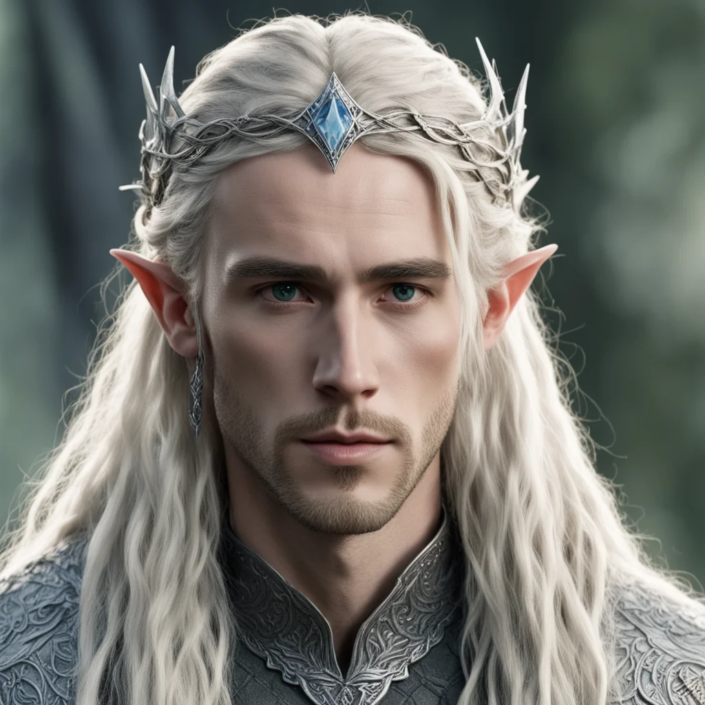 tolkien king thranduil with blond hair and braids wearing small silver serpentine elvish circlet with large center diamond