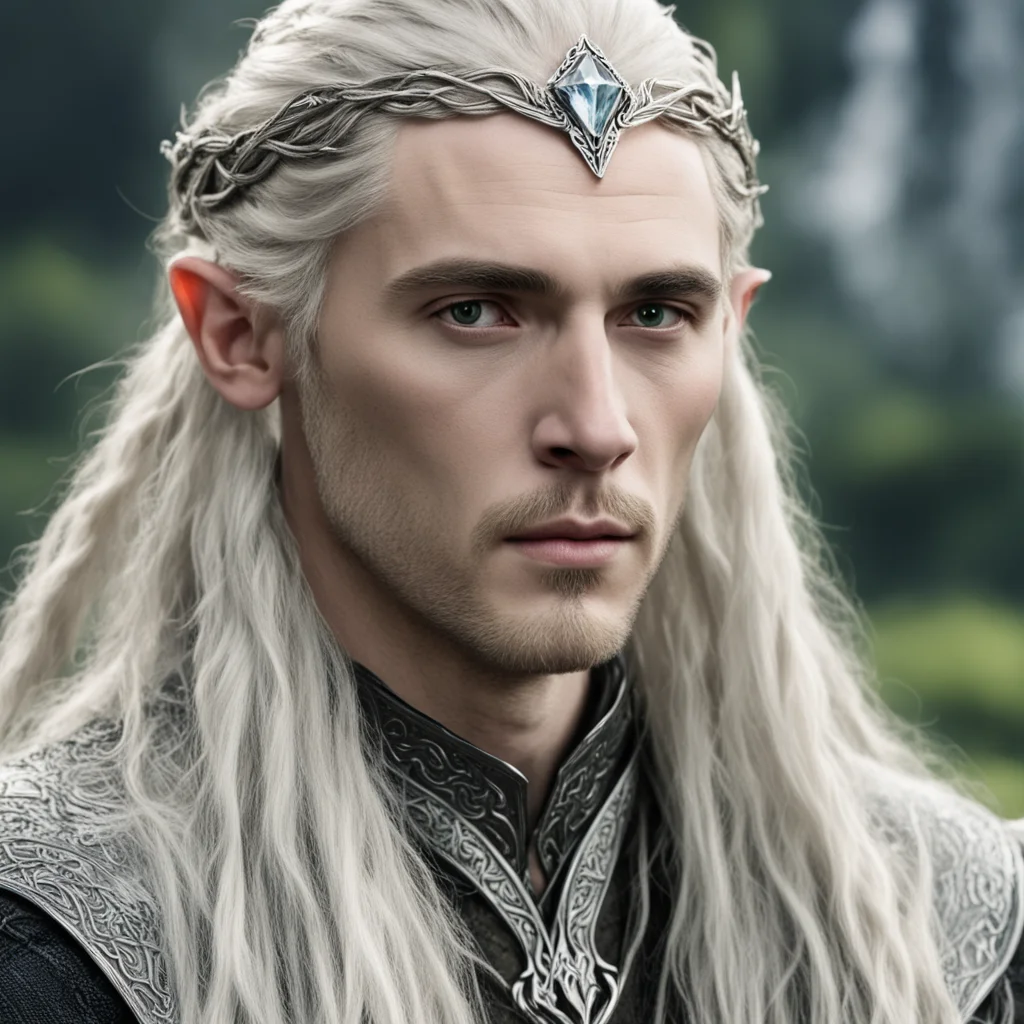 aitolkien king thranduil with blond hair and braids wearing small silver serpentine nandorin elvish circlet with large center diamond  amazing awesome portrait 2