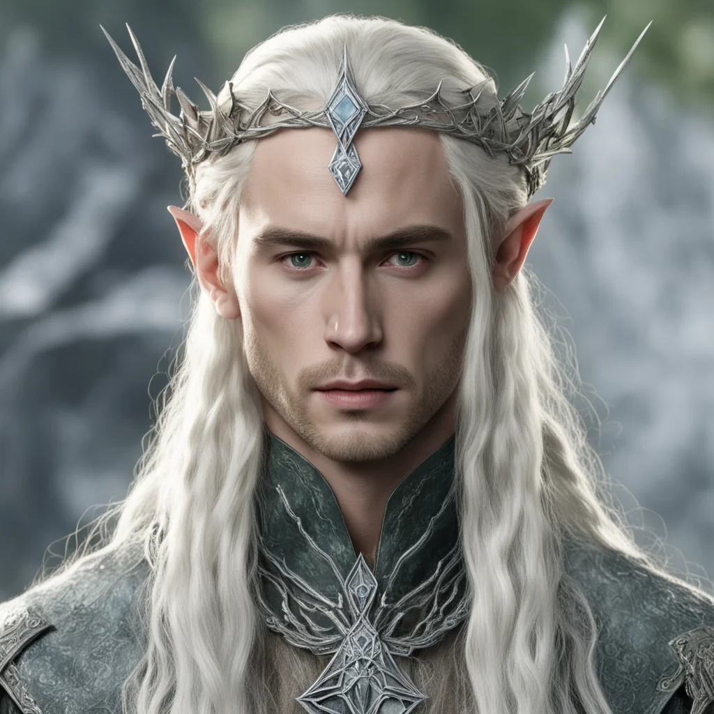 tolkien king thranduil with blond hair and braids wearing small silver serpentine nandorin elvish circlet with large center diamond  good looking trending fantastic 1