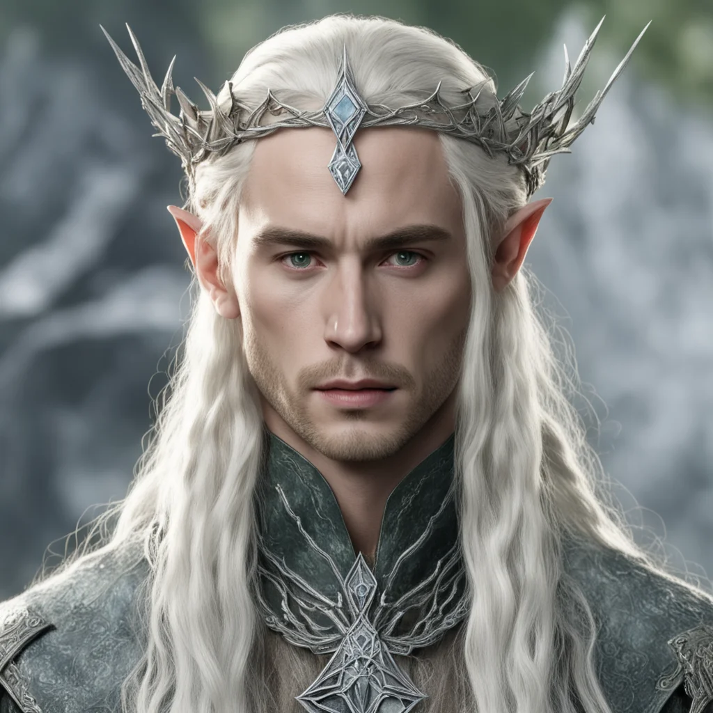 aitolkien king thranduil with blond hair and braids wearing small silver serpentine nandorin elvish circlet with large center diamond  good looking trending fantastic 1