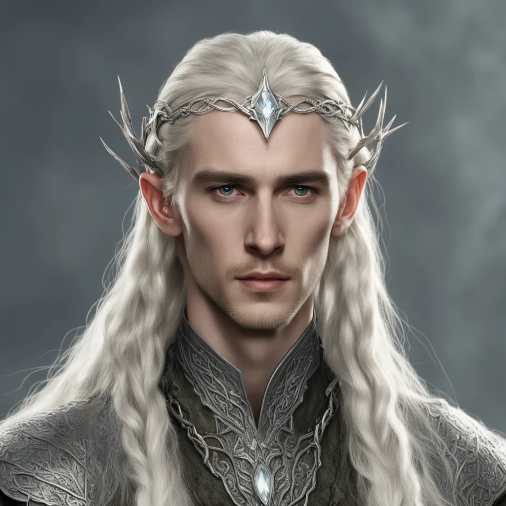 aitolkien king thranduil with blond hair and braids wearing small silver serpentine nandorin elvish circlet with large center diamond 