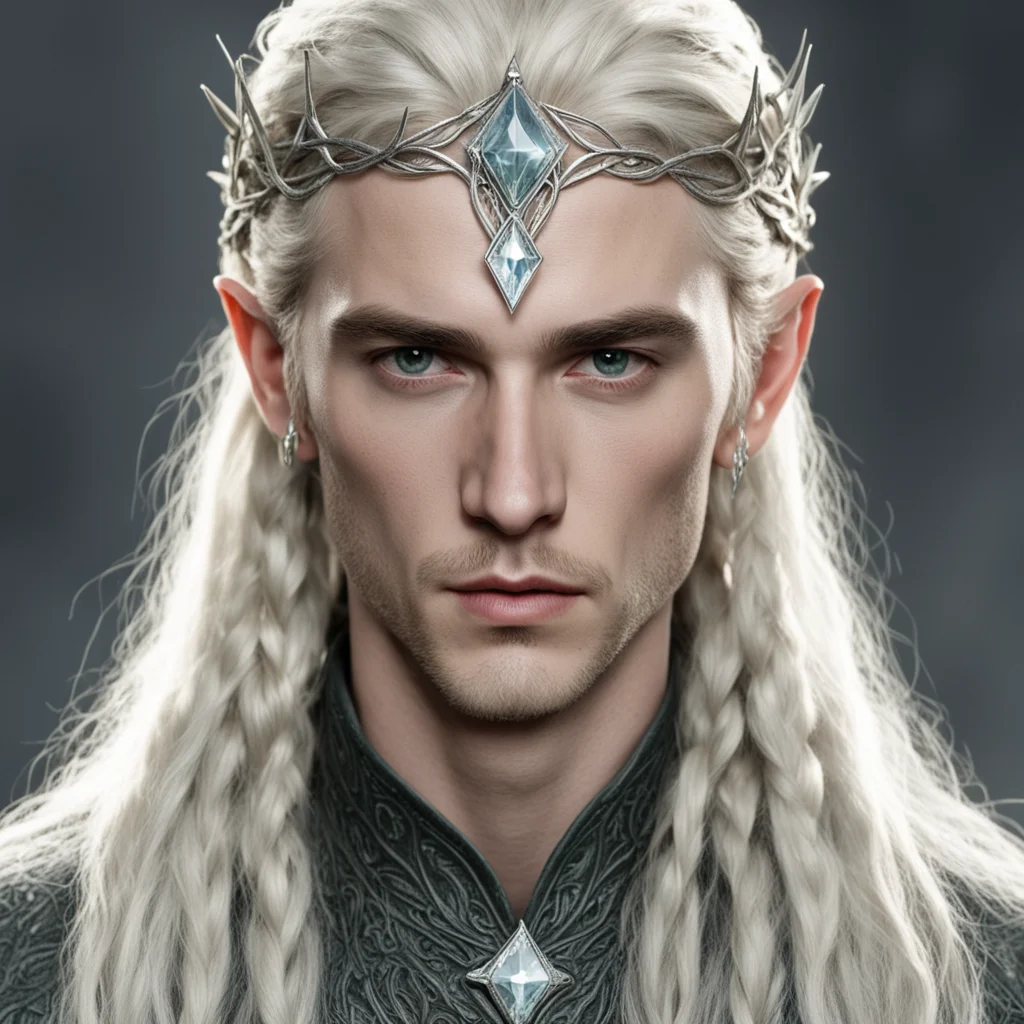 tolkien king thranduil with blond hair and braids wearing small silver serpentine nandorin elvish circlet with large center diamond good looking trending fantastic 1