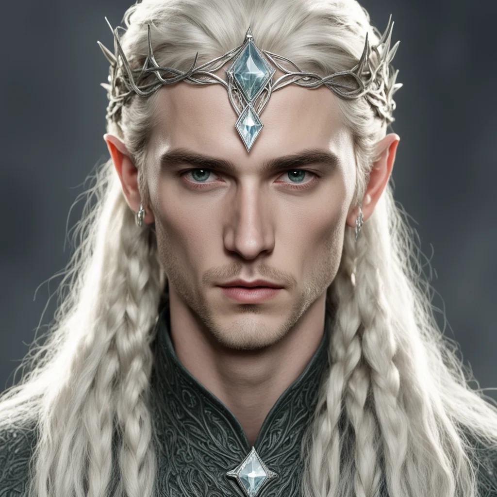 aitolkien king thranduil with blond hair and braids wearing small silver serpentine nandorin elvish circlet with large center diamond good looking trending fantastic 1