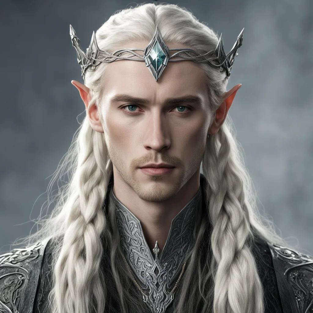 tolkien king thranduil with blond hair and braids wearing small silver serpentine nandorin elvish circlet with large center diamond
