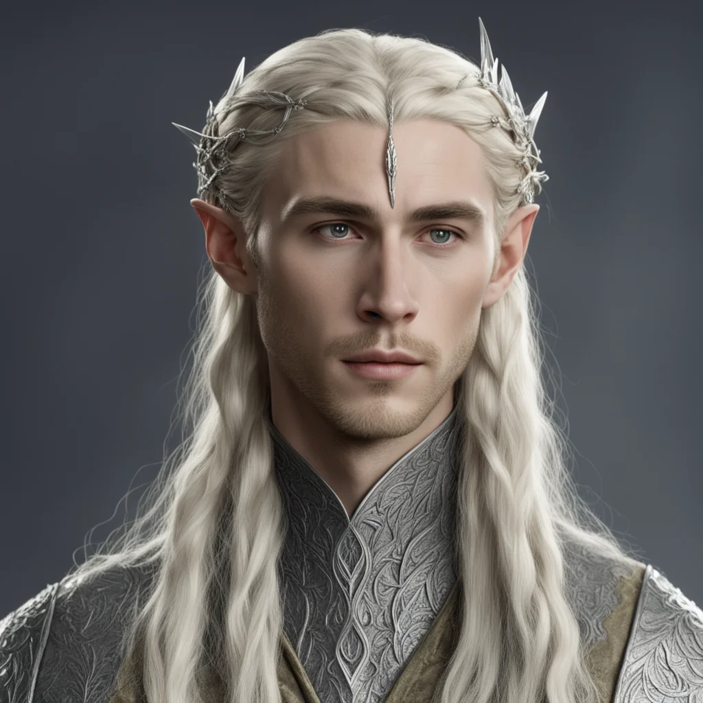 aitolkien king thranduil with blond hair and braids wearing small silver sindarin elvish circlet with large center diamond  good looking trending fantastic 1