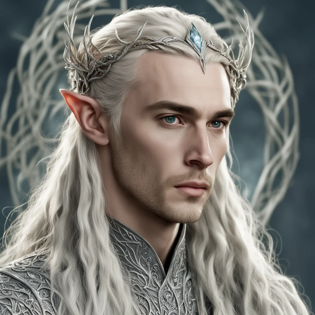 tolkien king thranduil with blond hair and braids wearing small silver vines intertwined and encrusted with diamonds to form a silver elvish circlet with large circular diamond confident engaging wo