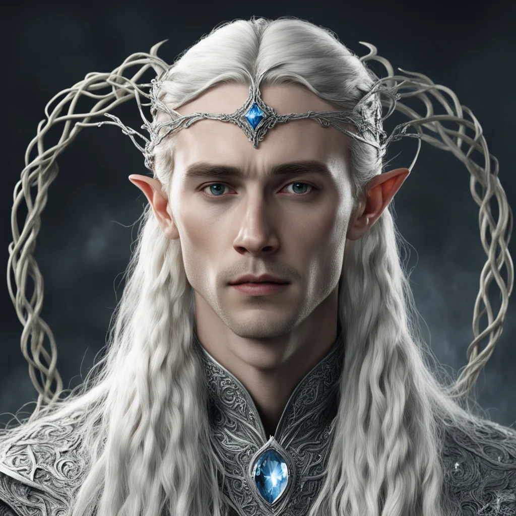 aitolkien king thranduil with blond hair and braids wearing small silver vines intertwined and encrusted with diamonds to form a silver elvish circlet with large circular diamond