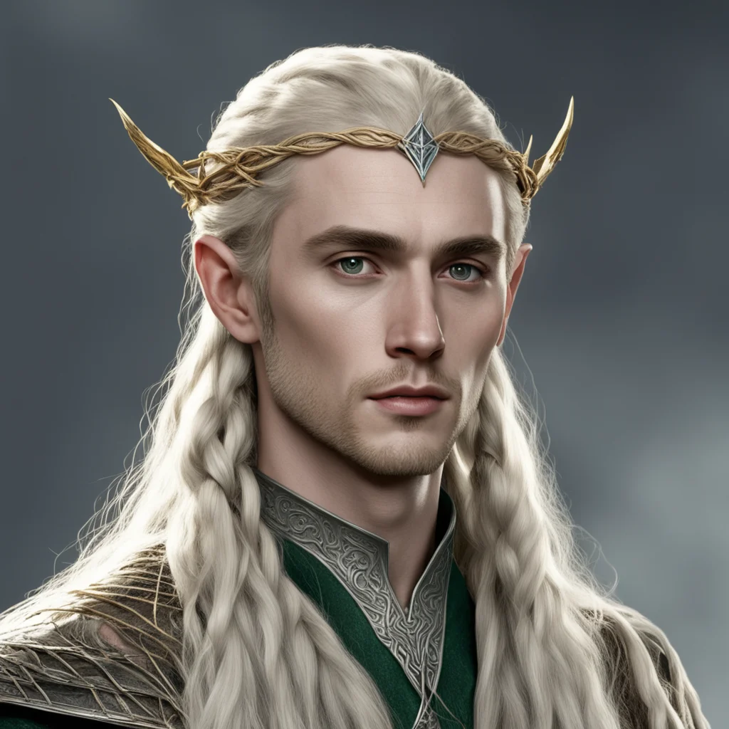 tolkien king thranduil with blond hair and braids wearing small thin nandorin elvish circlet with large center circular diamond  amazing awesome portrait 2