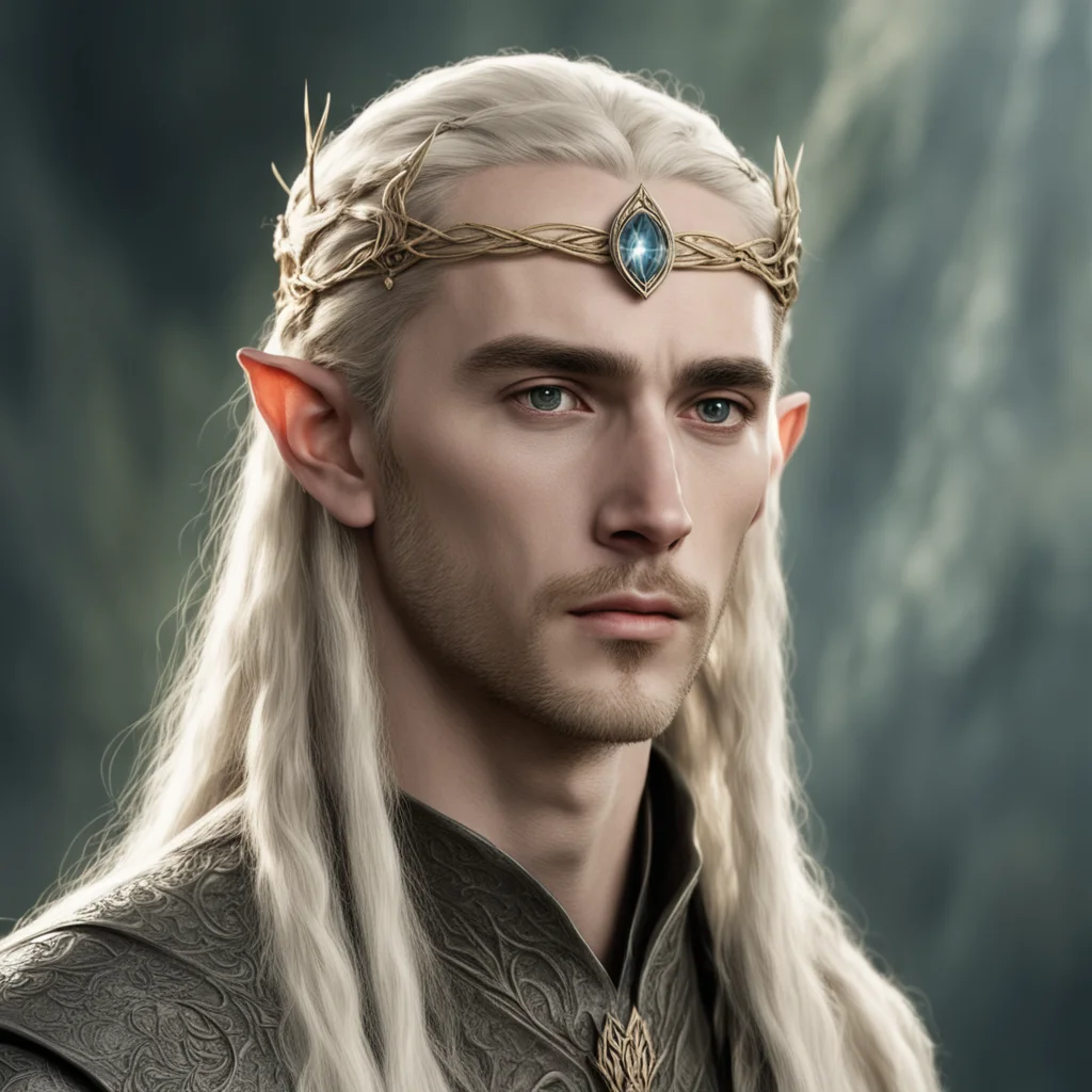tolkien king thranduil with blond hair and braids wearing small thin nandorin elvish circlet with large center circular diamond 