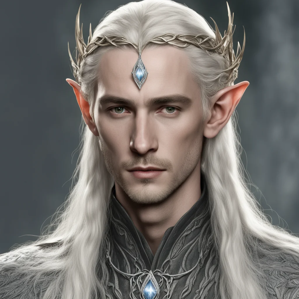 aitolkien king thranduil with blond hair and braids wearing small thin silver elvish circlet with large center circular diamond 