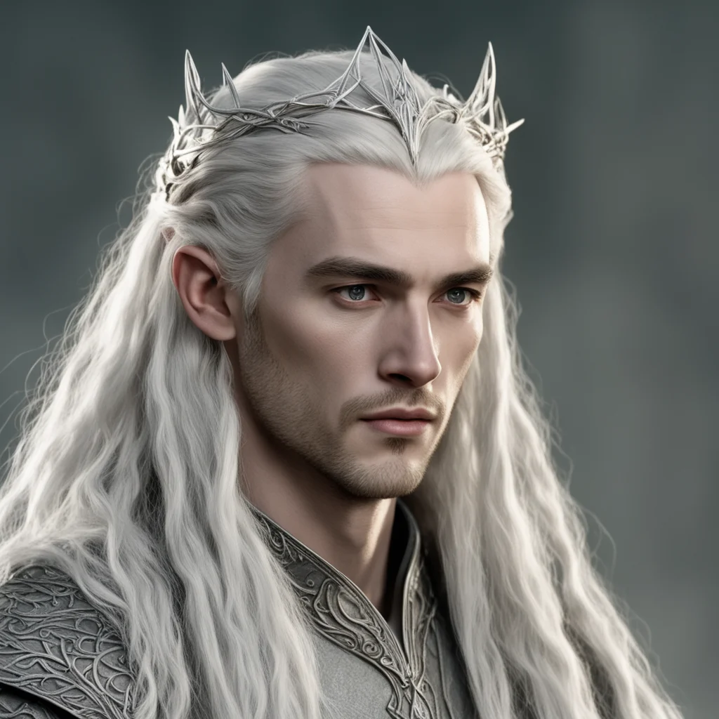 aitolkien king thranduil with blond hair and braids wearing small thin silver elvish circlet with large center diamond  confident engaging wow artstation art 3