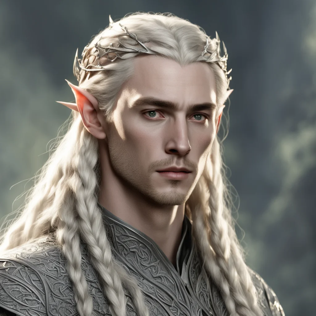 tolkien king thranduil with blond hair and braids wearing small thin silver elvish circlet with large center diamond  good looking trending fantastic 1
