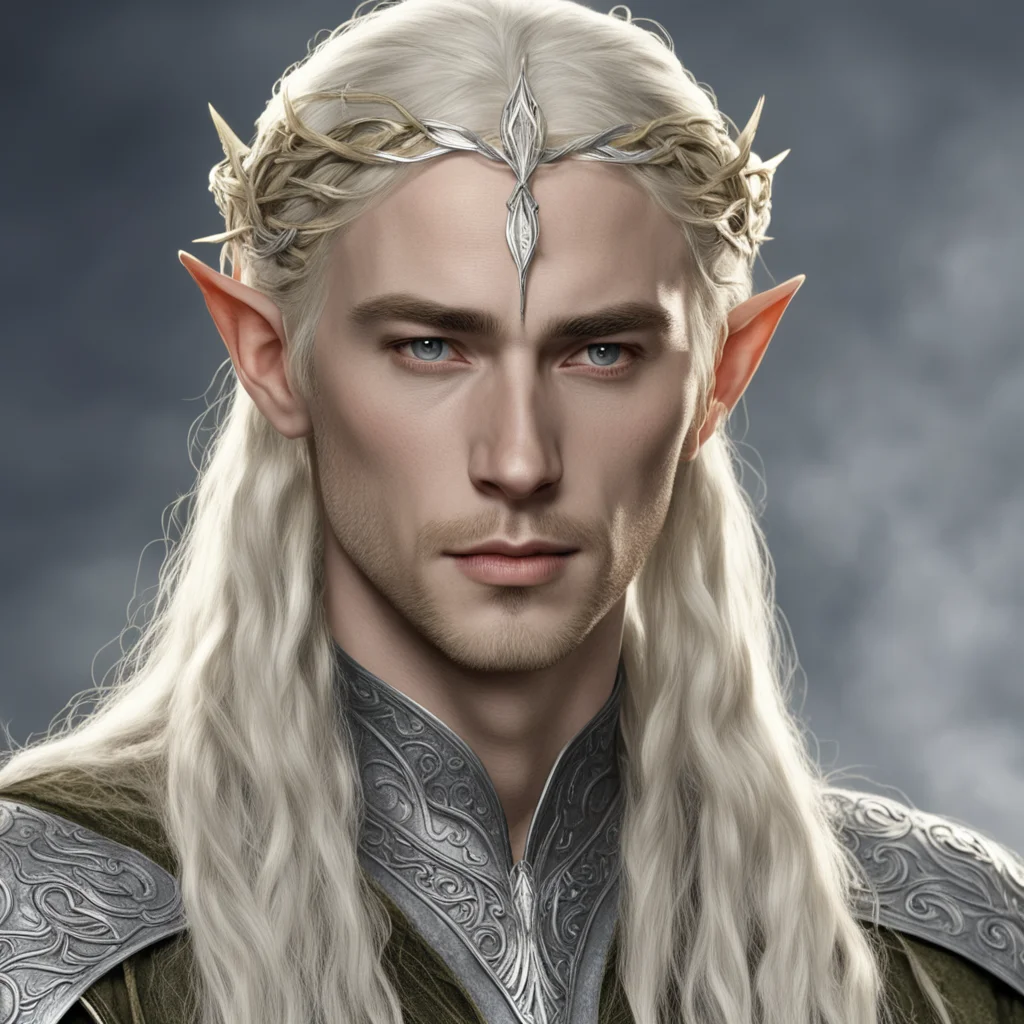 aitolkien king thranduil with blond hair and braids wearing small thin silver elvish circlet with large center diamond 