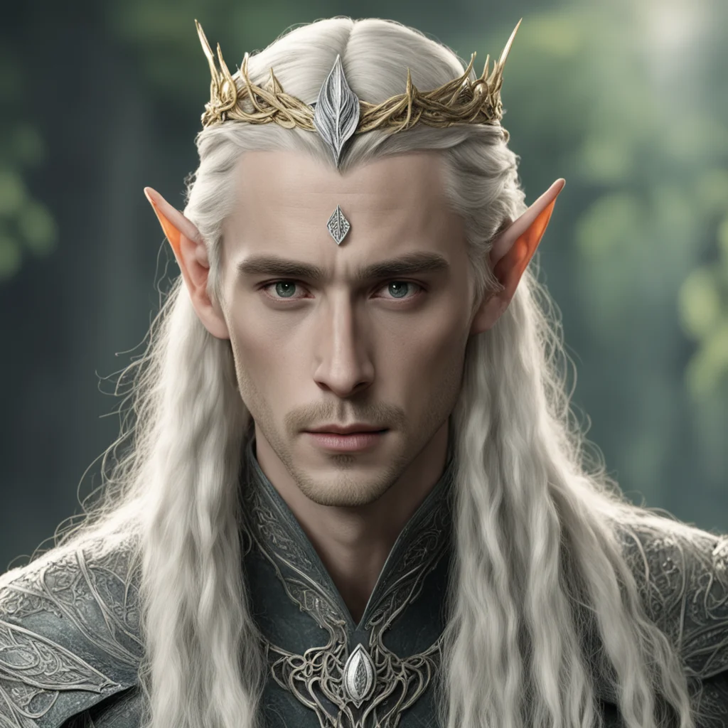 aitolkien king thranduil with blond hair and braids wearing small thin silver elvish circlet with large center leaf shaped diamond  confident engaging wow artstation art 3