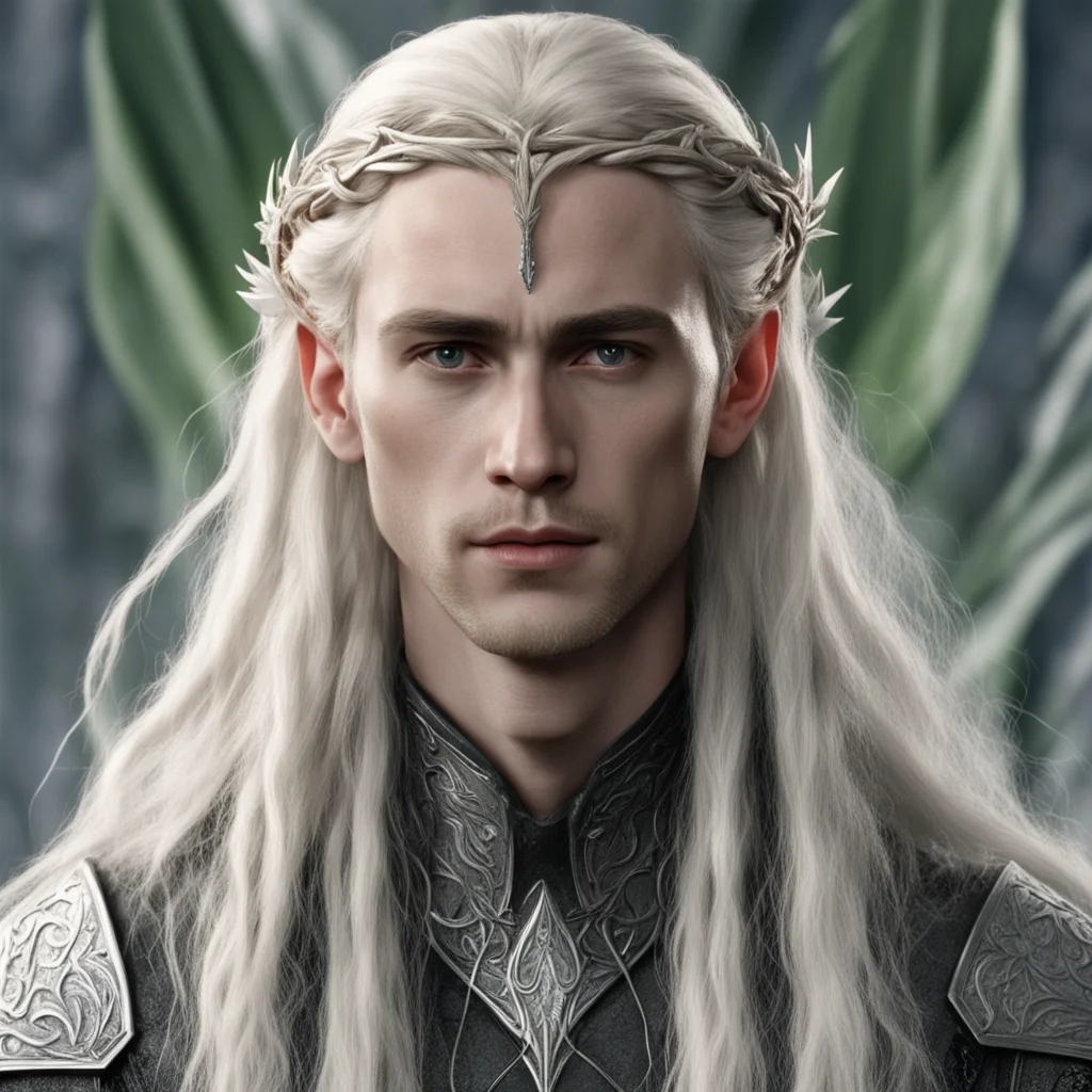 tolkien king thranduil with blond hair and braids wearing small thin silver elvish circlet with large center leaf shaped diamond  good looking trending fantastic 1