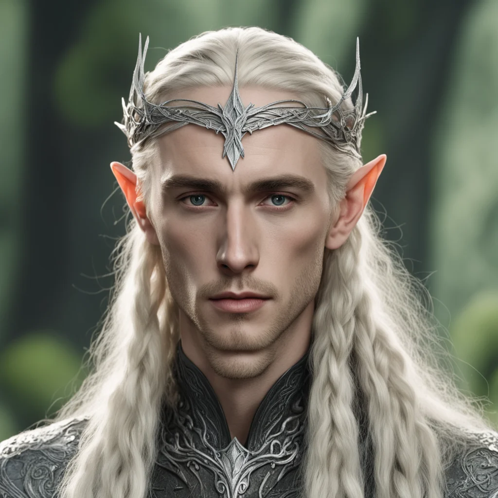 aitolkien king thranduil with blond hair and braids wearing small thin silver elvish circlet with large center leaf shaped diamond 