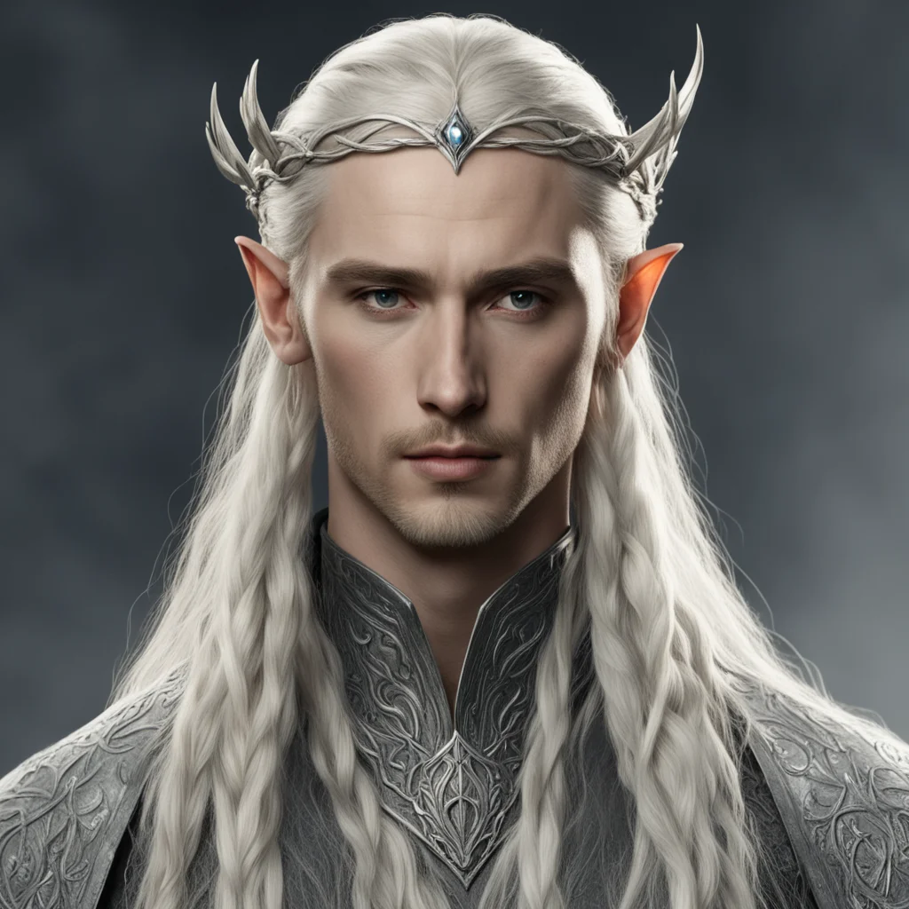 tolkien king thranduil with blond hair and braids wearing small thin silver nandorin elvish circlet with large center circular diamond 