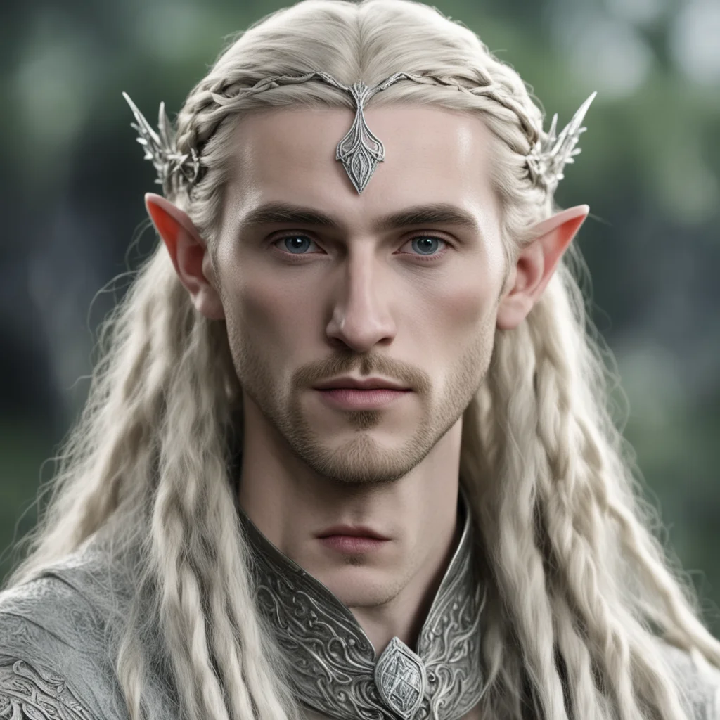 aitolkien king thranduil with blond hair and braids wearing small thin silver serpentine elvish circlet with large center diamond amazing awesome portrait 2