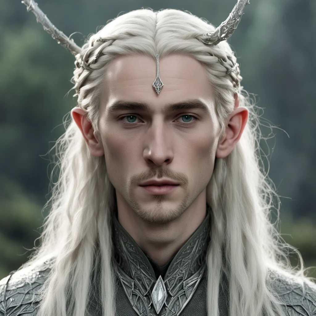 aitolkien king thranduil with blond hair and braids wearing small thin silver serpentine elvish circlet with large center diamond