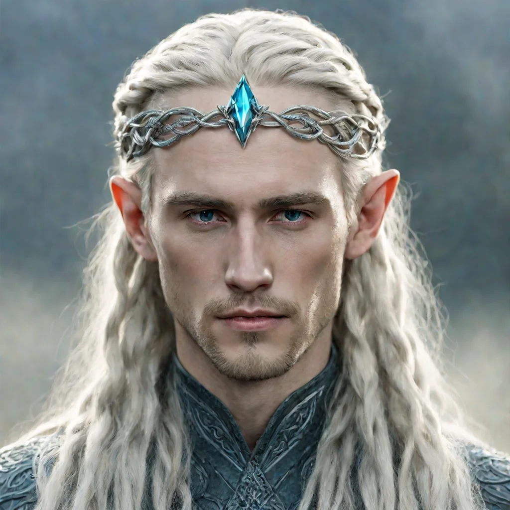 aitolkien king thranduil with blond hair and braids wearing small thin silver serpentine nandorin elvish circlet with center bluish diamond amazing awesome portrait 2