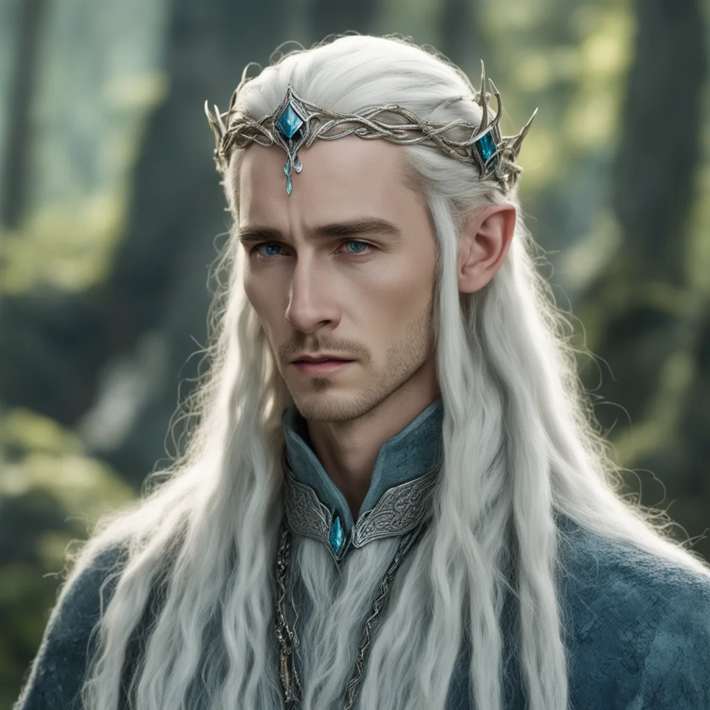 aitolkien king thranduil with blond hair and braids wearing small thin silver serpentine nandorin elvish circlet with center bluish diamond good looking trending fantastic 1