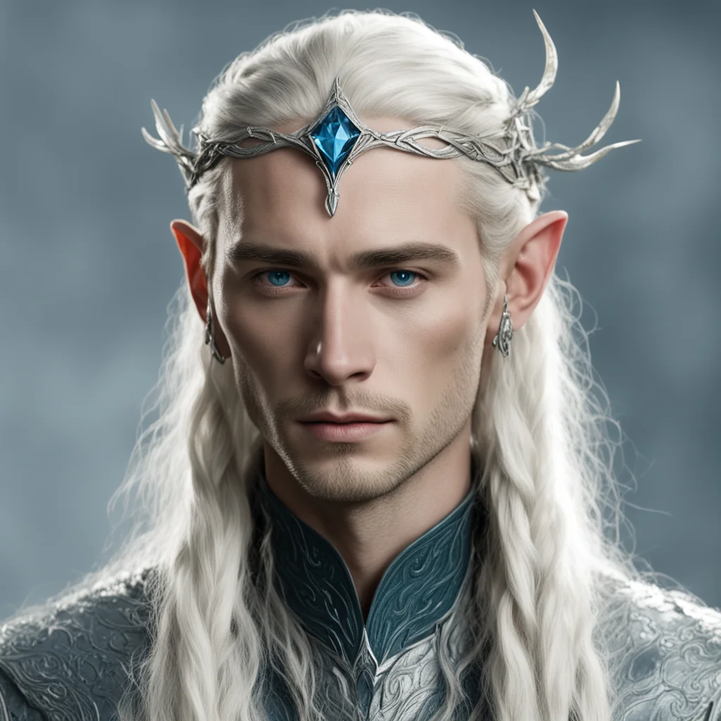 tolkien king thranduil with blond hair and braids wearing small thin silver serpentine nandorin elvish circlet with center bluish diamond