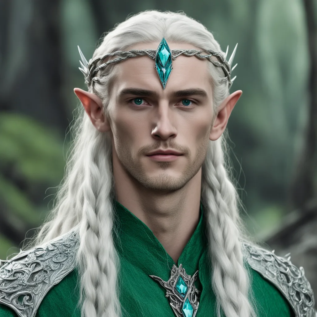 aitolkien king thranduil with blond hair and braids wearing small thin silver serpentine nandorin elvish circlet with center bluish green diamond amazing awesome portrait 2