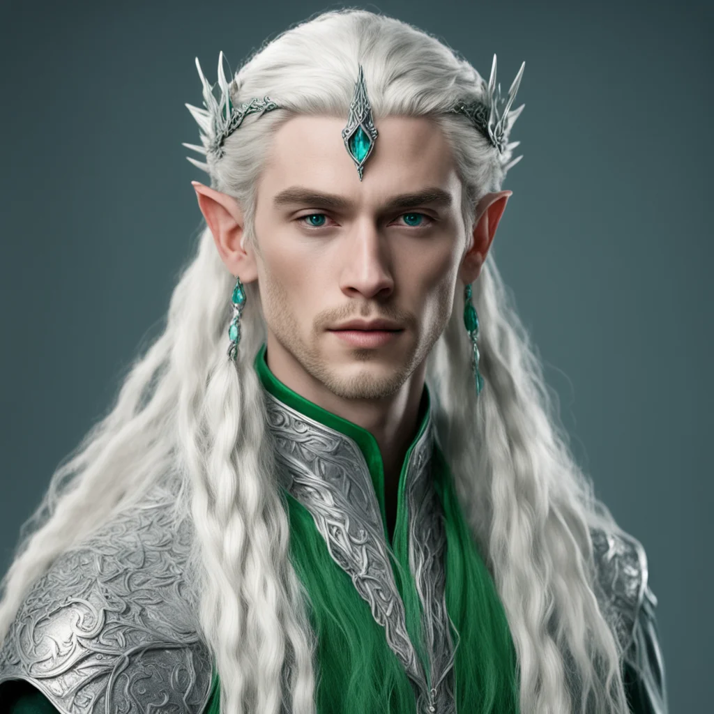 tolkien king thranduil with blond hair and braids wearing small thin silver serpentine nandorin elvish circlet with center bluish green diamond