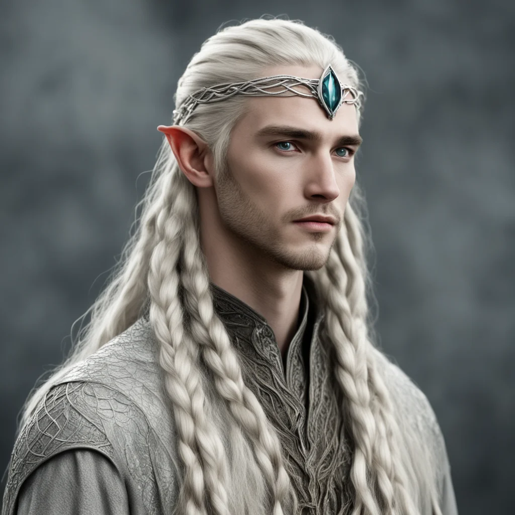 aitolkien king thranduil with blond hair and braids wearing small thin silver serpentine nandorin elvish circlet with center reddish diamond amazing awesome portrait 2