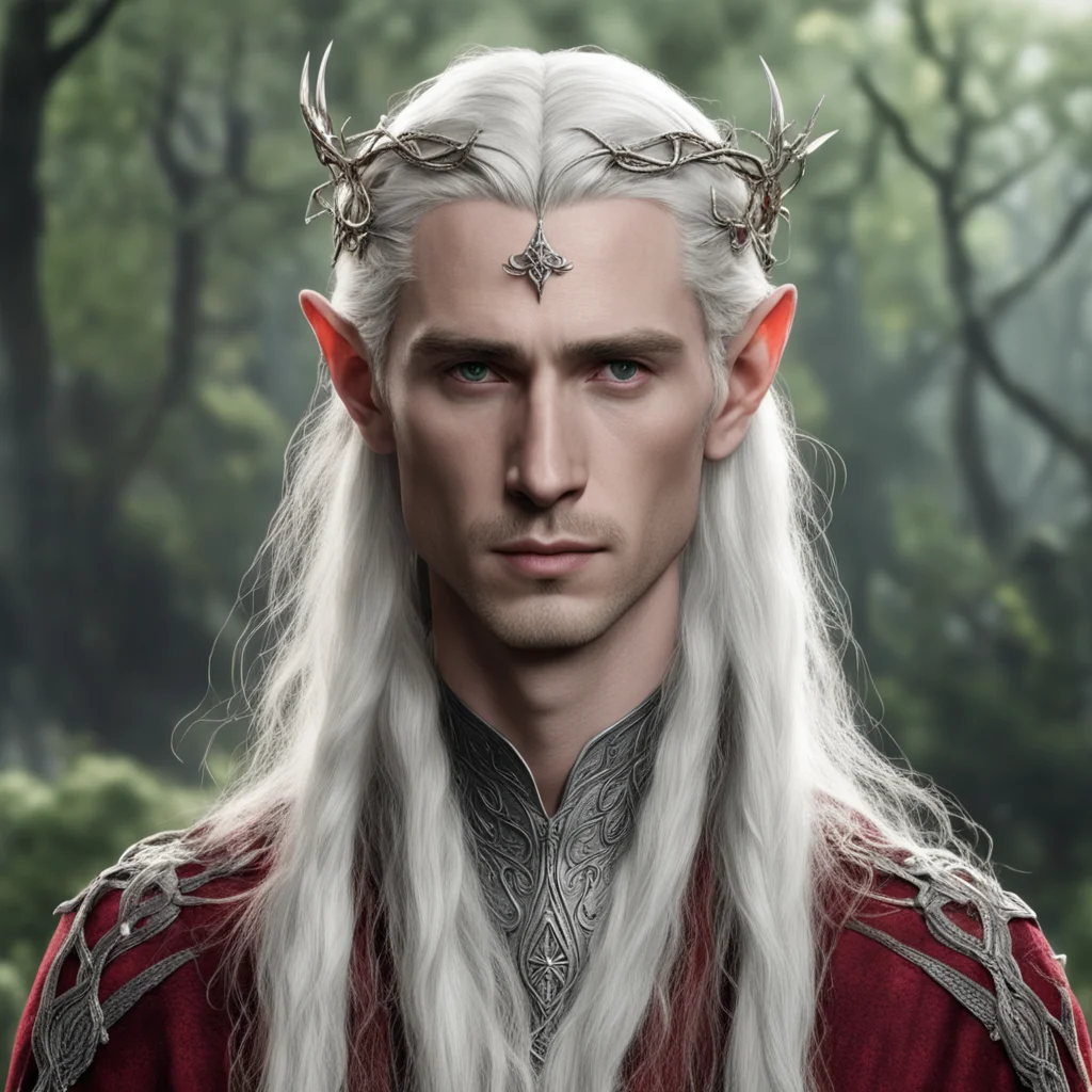 tolkien king thranduil with blond hair and braids wearing small thin silver serpentine nandorin elvish circlet with center reddish diamond