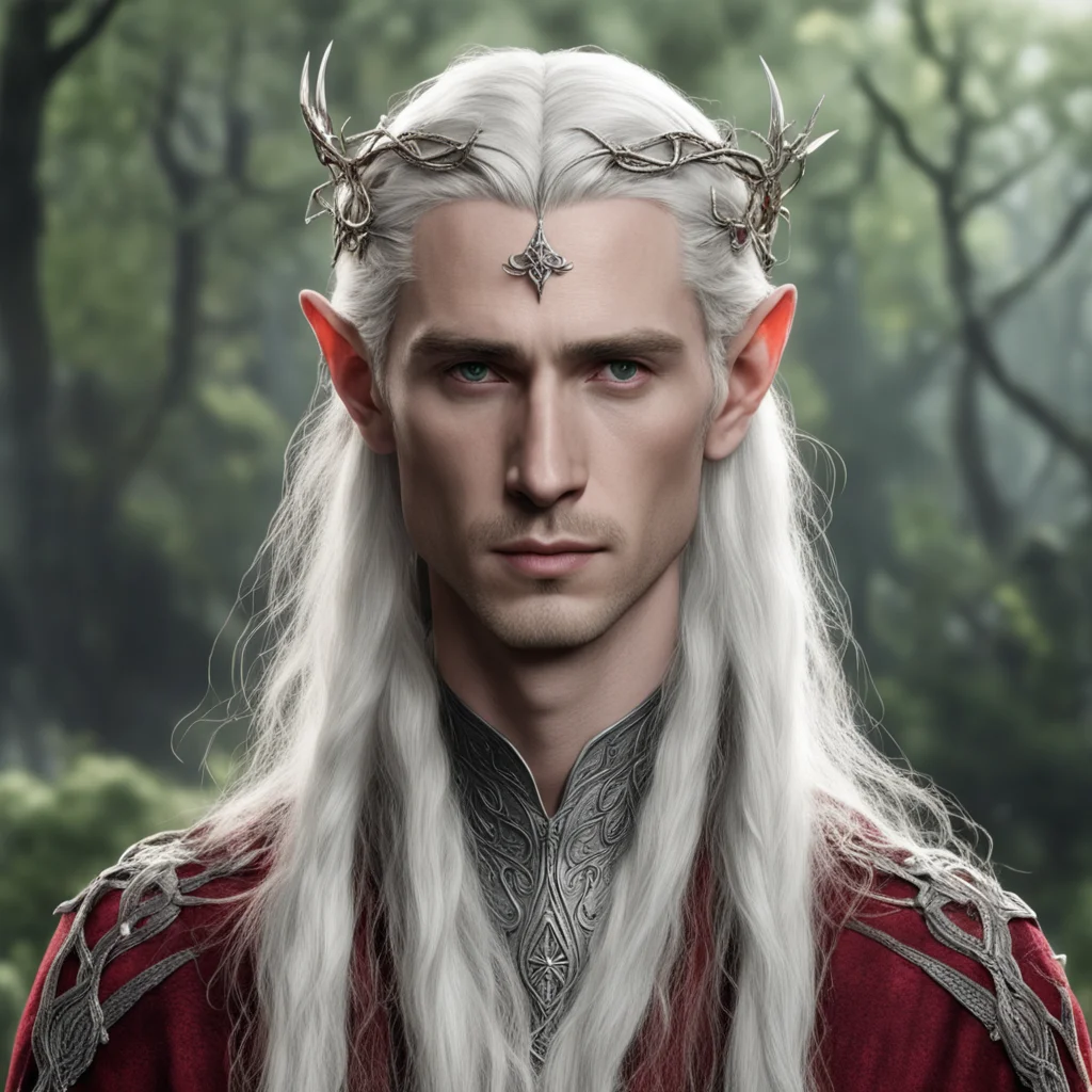 aitolkien king thranduil with blond hair and braids wearing small thin silver serpentine nandorin elvish circlet with center reddish diamond