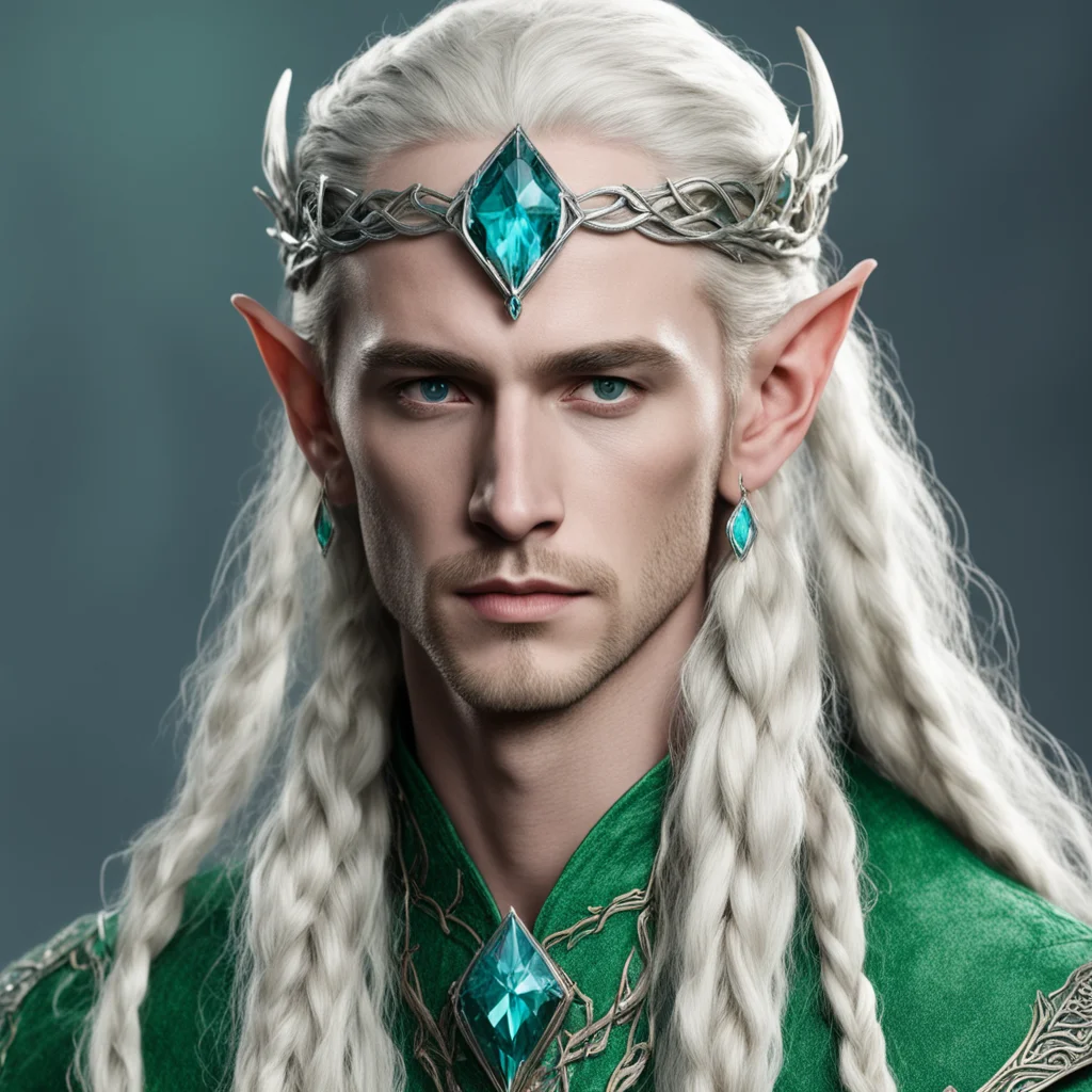 aitolkien king thranduil with blond hair and braids wearing small thin silver serpentine nandorin elvish circlet with large center bluish green diamond amazing awesome portrait 2