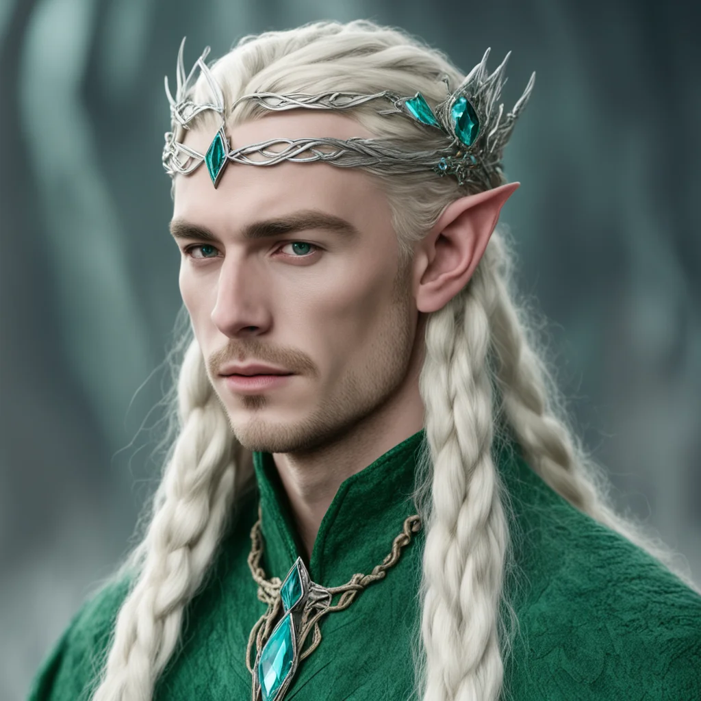 aitolkien king thranduil with blond hair and braids wearing small thin silver serpentine nandorin elvish circlet with large center bluish green diamond confident engaging wow artstation art 3