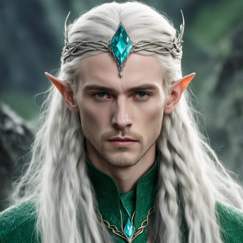tolkien king thranduil with blond hair and braids wearing small thin silver serpentine nandorin elvish circlet with large center bluish green diamond