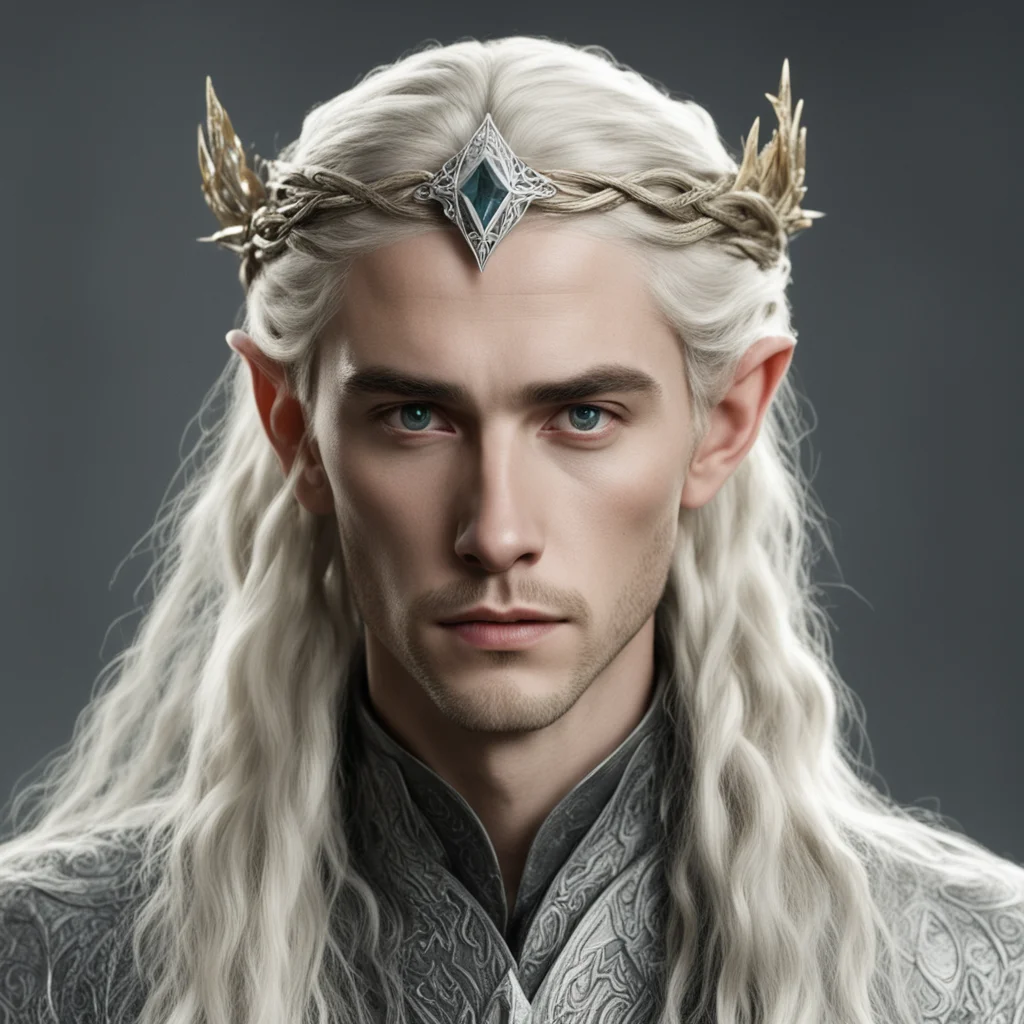 aitolkien king thranduil with blond hair and braids wearing small thin silver serpentine nandorin elvish circlet with large center diamond  confident engaging wow artstation art 3