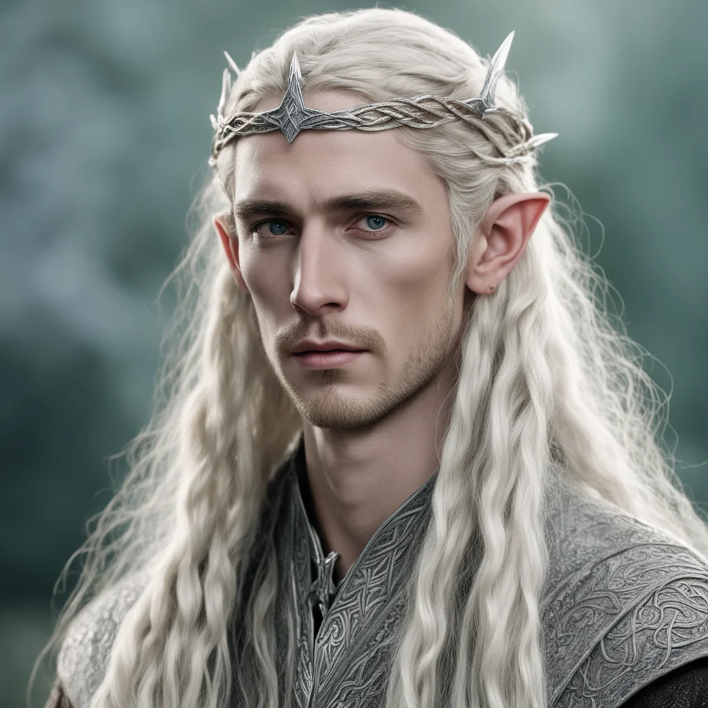 aitolkien king thranduil with blond hair and braids wearing small thin silver serpentine nandorin elvish circlet with large center diamond  good looking trending fantastic 1