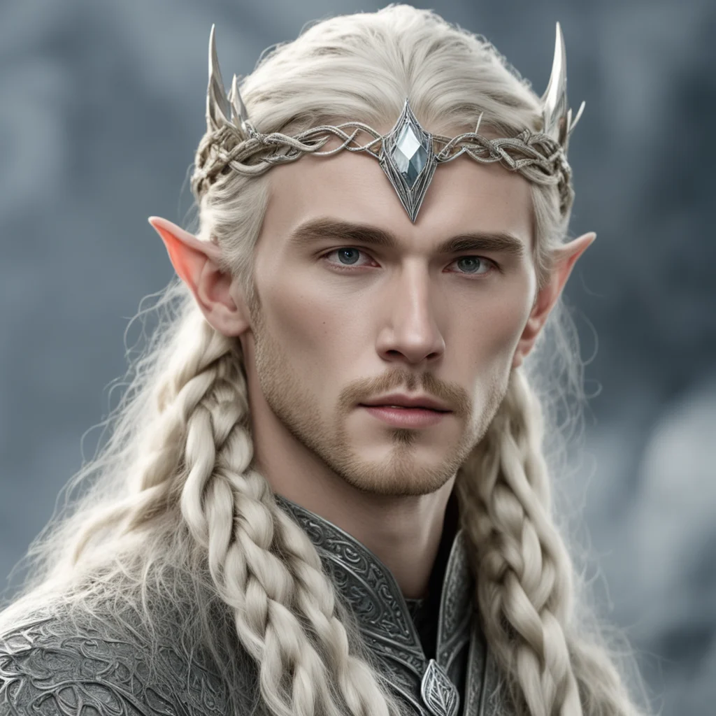 aitolkien king thranduil with blond hair and braids wearing small thin silver serpentine nandorin elvish circlet with large center diamond 