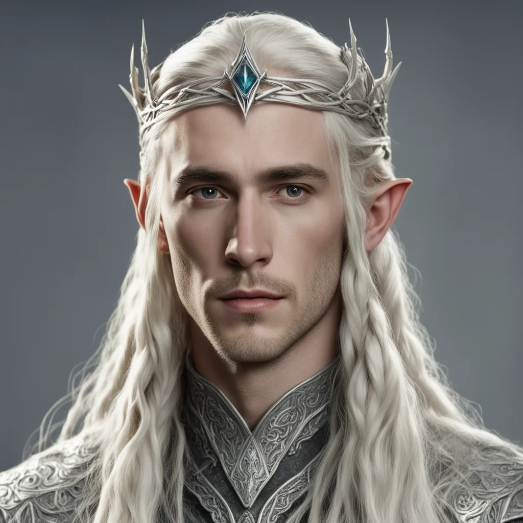 tolkien king thranduil with blond hair and braids wearing small thin silver serpentine nandorin elvish circlet with large center diamond amazing awesome portrait 2