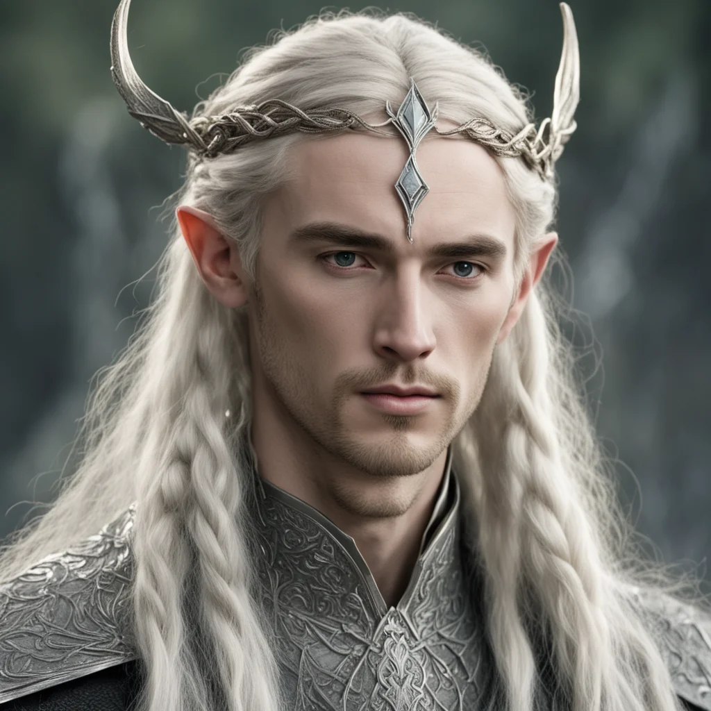 tolkien king thranduil with blond hair and braids wearing small thin silver serpentine nandorin elvish circlet with large center diamond