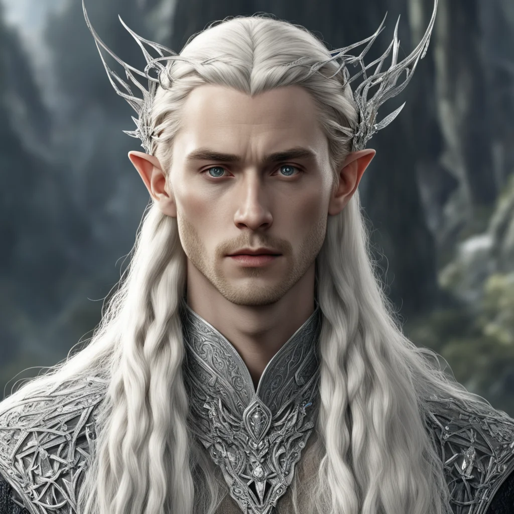 aitolkien king thranduil with blond hair and braids wearing strings of silver with large diamonds interconnected to form silver elvish circlet with prominent center diamond