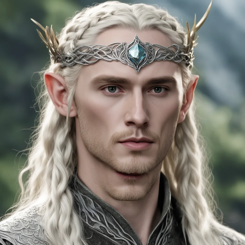 tolkien king thranduil with blond hair and braids wearing the hobbit silver elvish circlet with large center diamond amazing awesome portrait 2