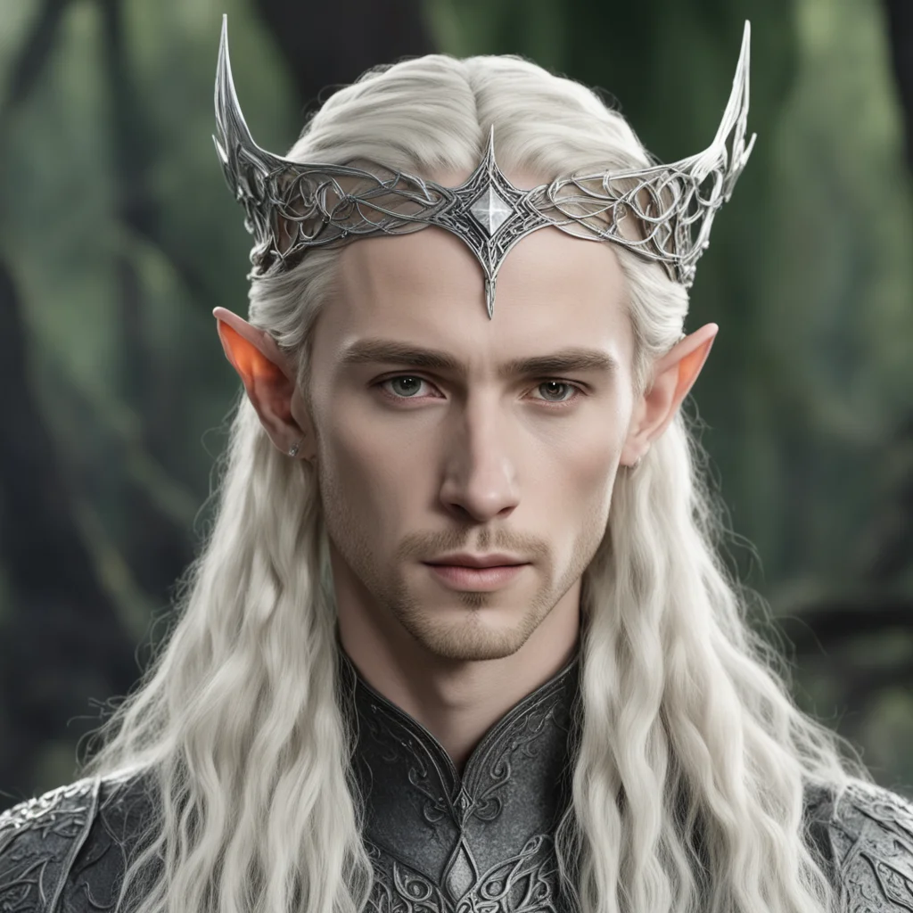 tolkien king thranduil with blond hair and braids wearing the hobbit silver elvish circlet with large center diamond confident engaging wow artstation art 3