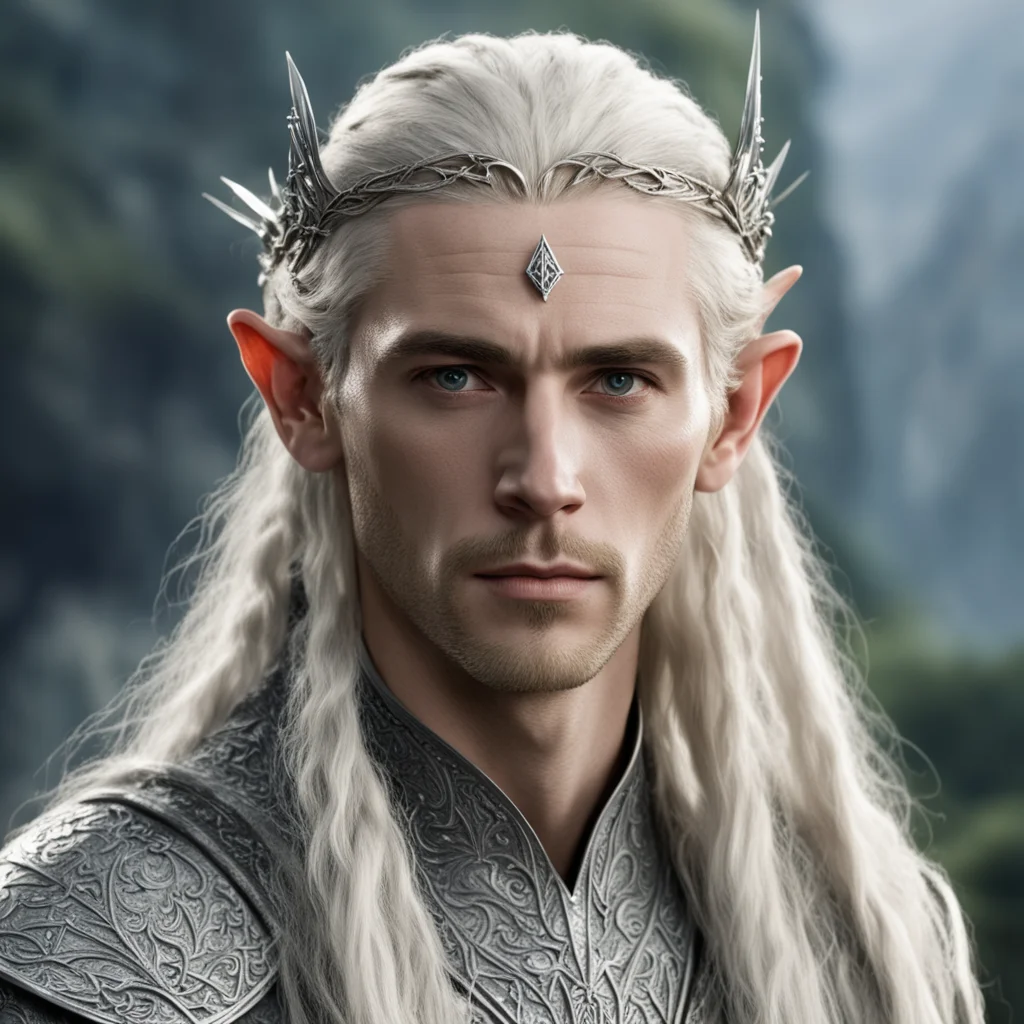 aitolkien king thranduil with blond hair and braids with silver diamond studded elvish hair pins and silver elvish circlet with large center diamond good looking trending fantastic 1