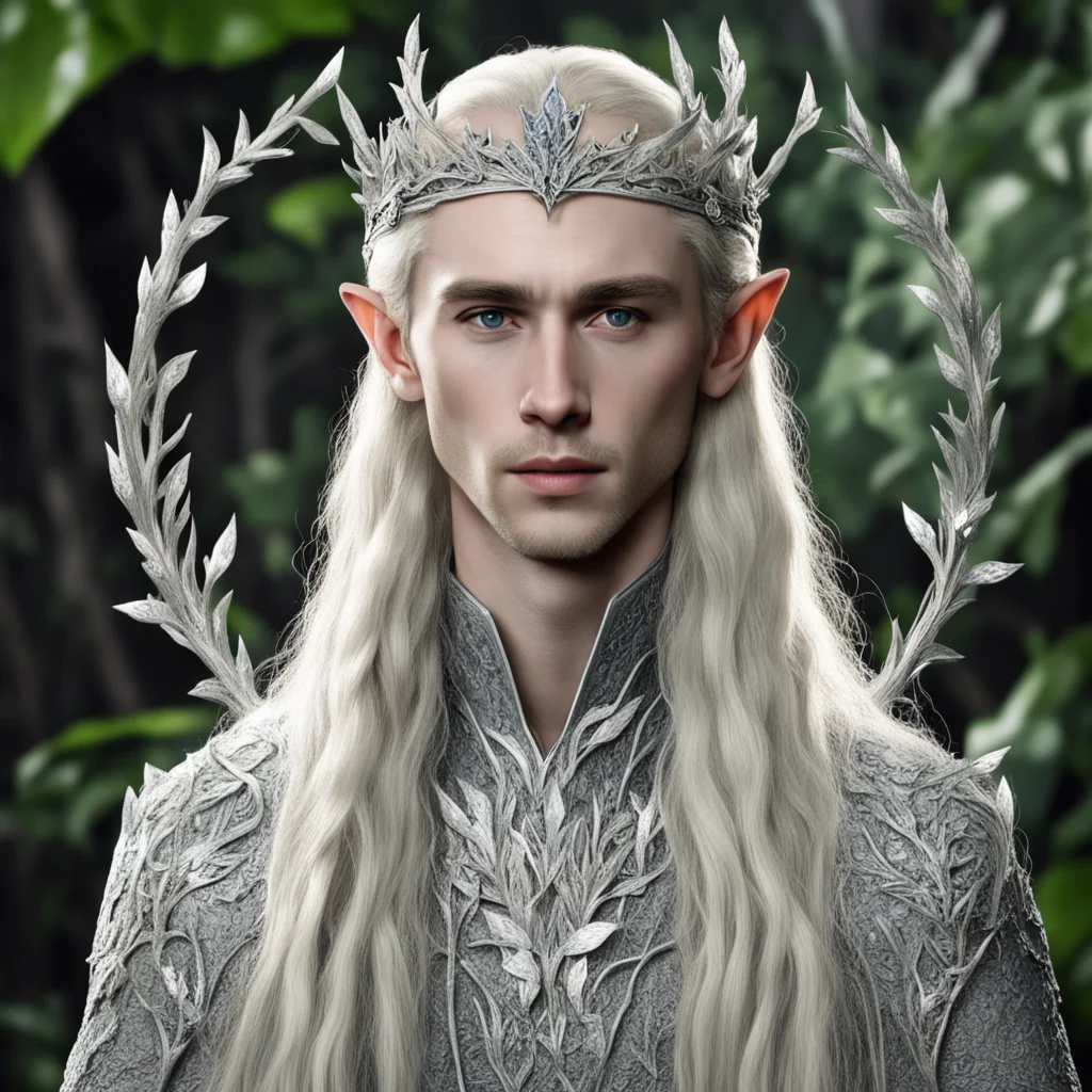 tolkien king thranduil with blond hair and braids with silver oak leaves encrusted with diamonds with diamond clusters to form a silver elvish circlet with large center diamond  good looking trendin