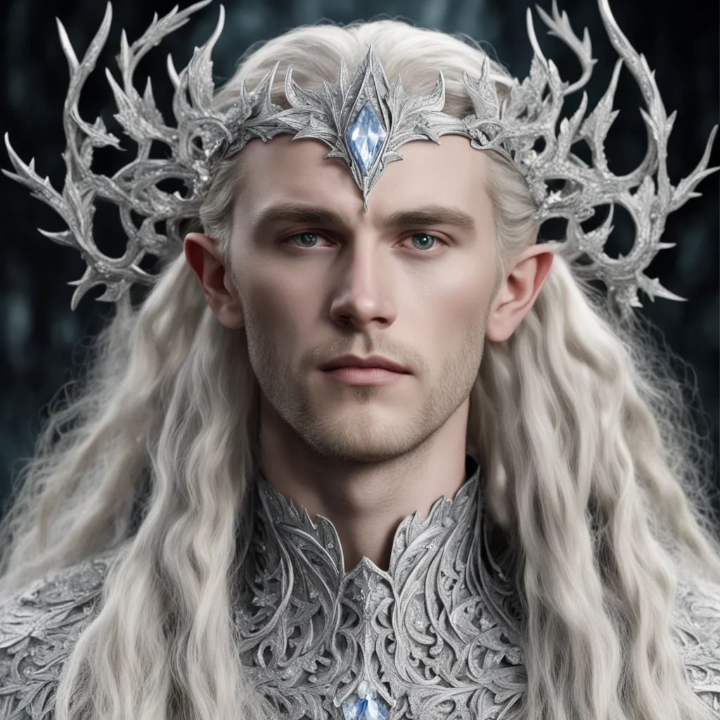 aitolkien king thranduil with blond hair and braids with silver oak leaves encrusted with diamonds with diamond clusters to form a silver elvish circlet with large center diamond 