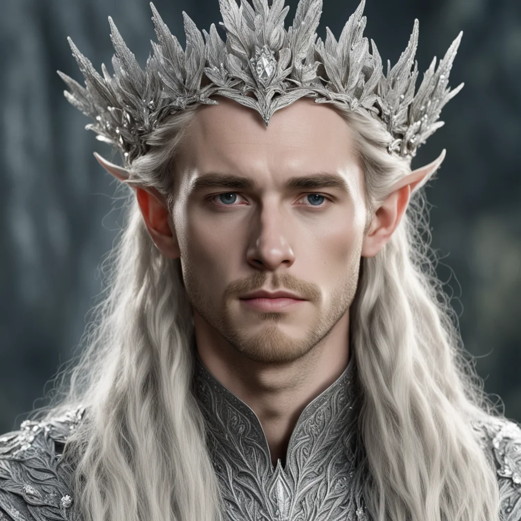 tolkien king thranduil with blond hair and braids with silver oak leaves encrusted with diamonds with diamond clusters to form a silver elvish coronet with large center diamond  amazing awesome port