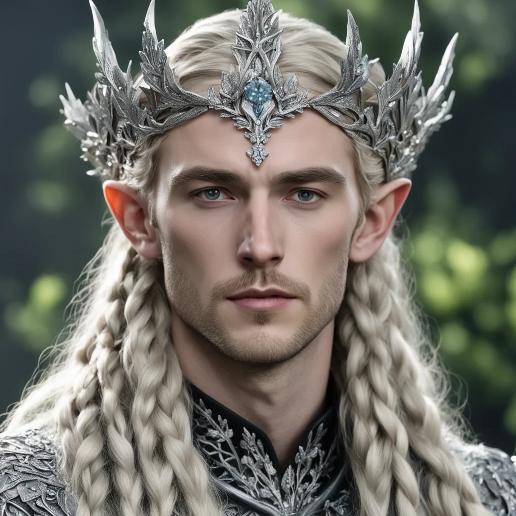 tolkien king thranduil with blond hair and braids with silver oak leaves encrusted with diamonds with diamond clusters to form a silver elvish coronet with large center diamond  confident engaging w