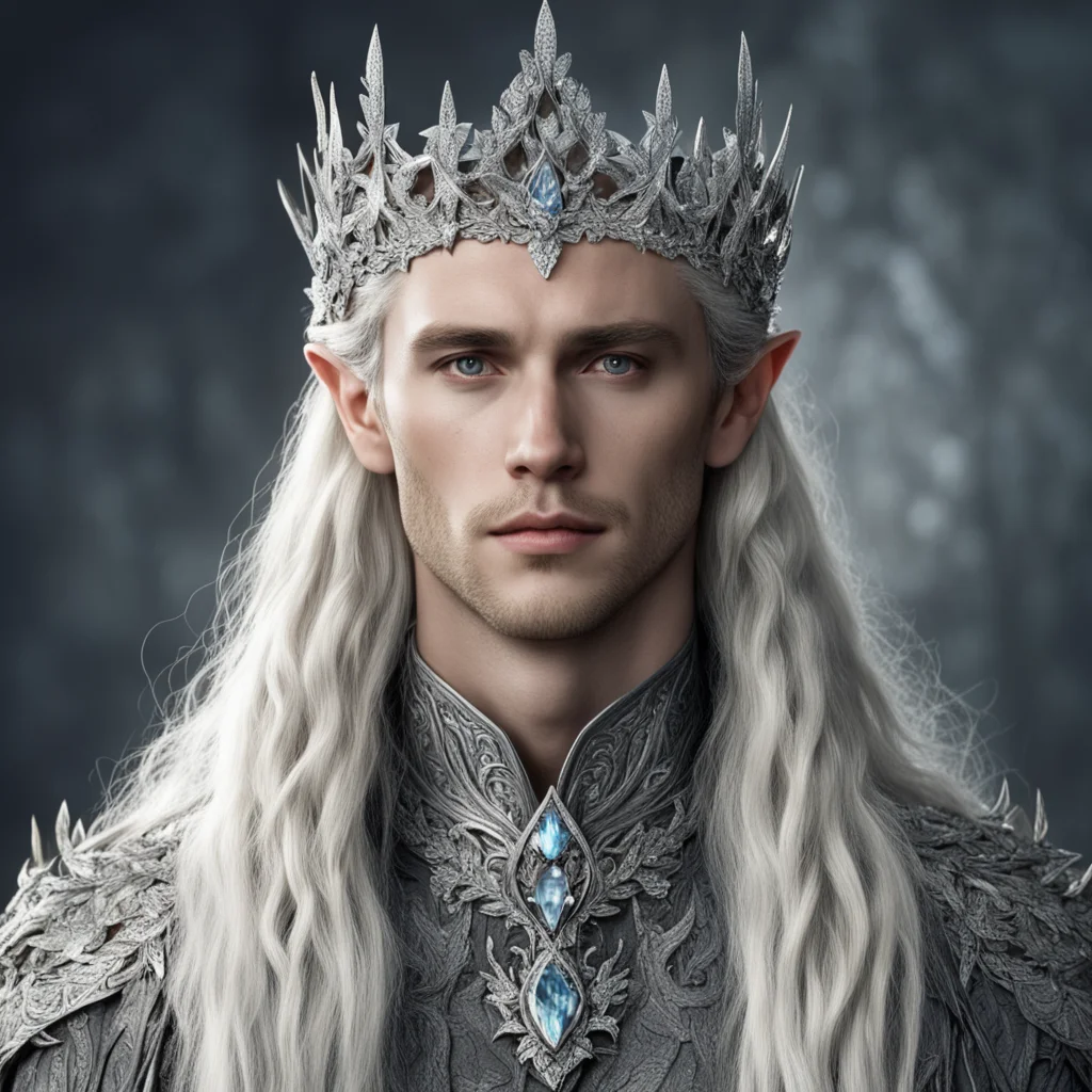 tolkien king thranduil with blond hair and braids with silver oak leaves encrusted with diamonds with diamond clusters to form a silver elvish coronet with large center diamond  good looking trendin