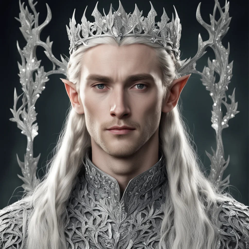 tolkien king thranduil with blond hair and braids with silver oak leaves encrusted with diamonds with diamond clusters to form a silver elvish coronet with large center diamond 